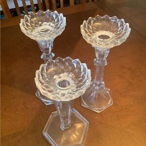 Vintage Pressed Glass Candlesticks with Bobeches Set of 3 – Hexagonal Base – 8”